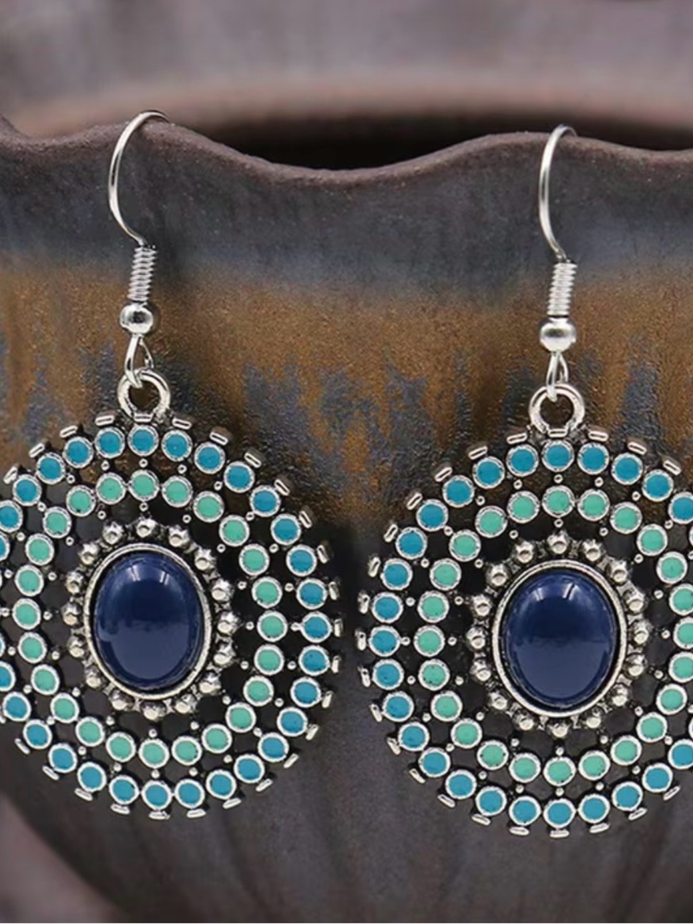 Silver-Tone Blue & Turquoise Round Drop Earrings